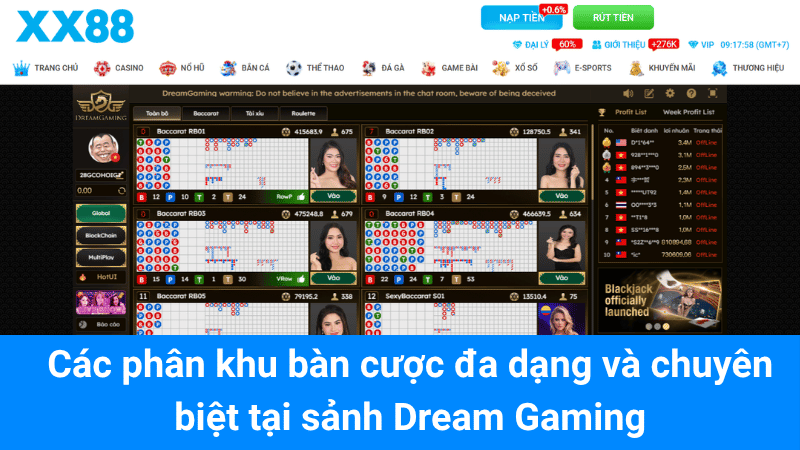 Các phân khu bàn cược đa dạng và chuyên biệt tại sảnh Dream Gaming